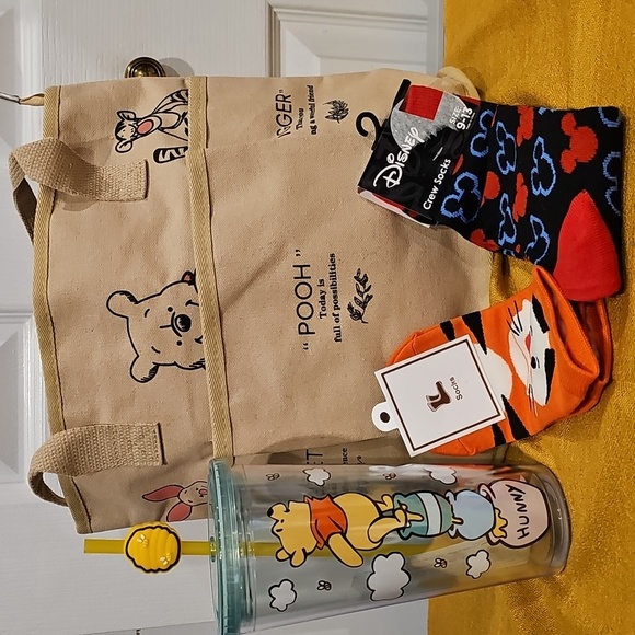 Winnie the Pooh Bundle -Tote bag (NWOT) & Cup & 2 Pair Socks NWT & palette